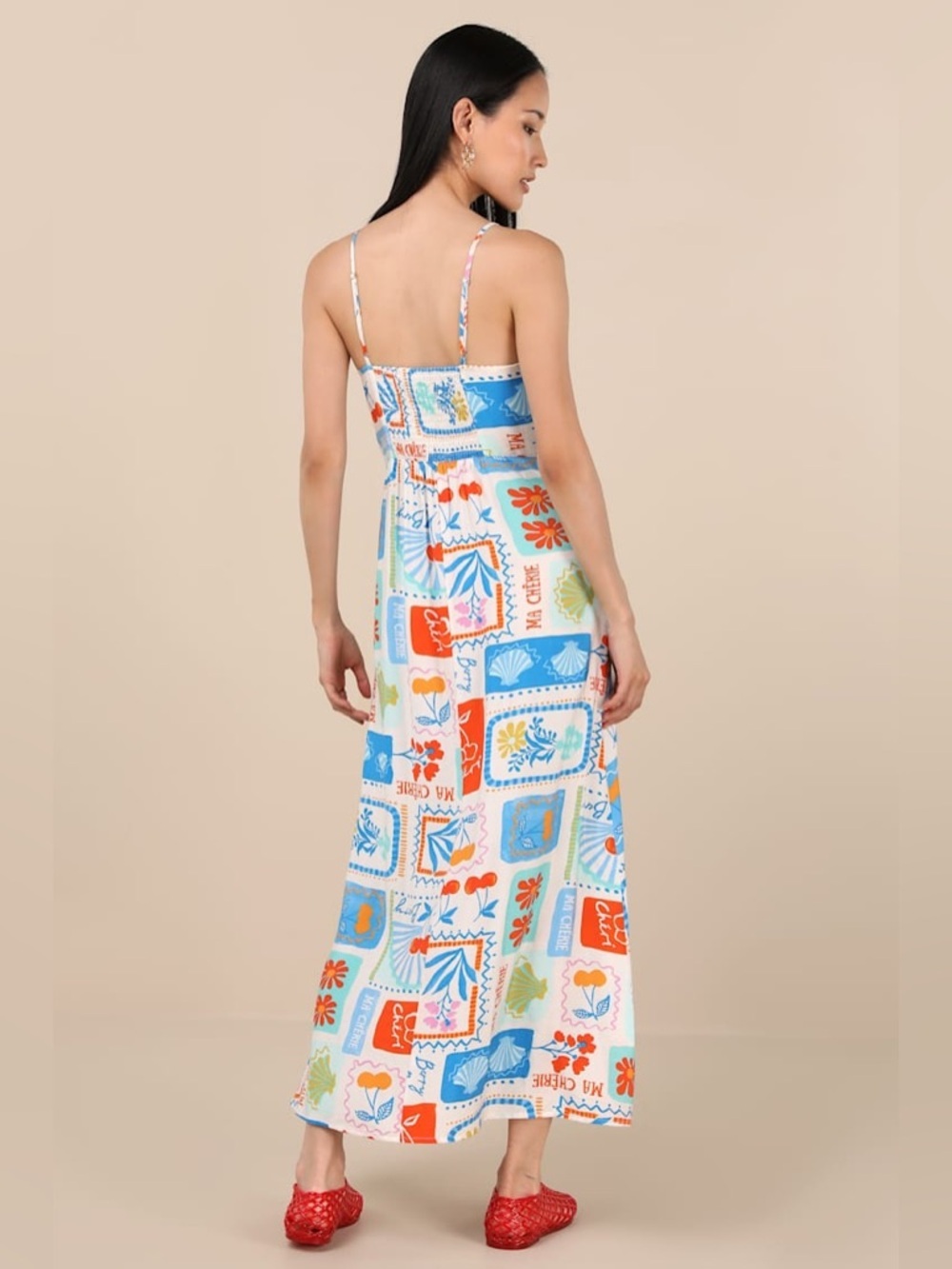 LULU’S Sanya Ivory Multi Print Button-Front Sleeveless Midi Dress - Picture 3 of 6